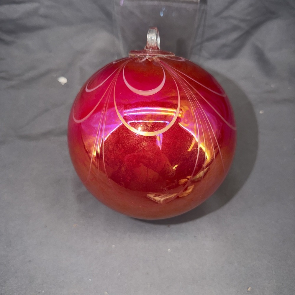 Hand Blown Red‎ Pink Iridescent Art Glass Ornament Large ~5" Diameter